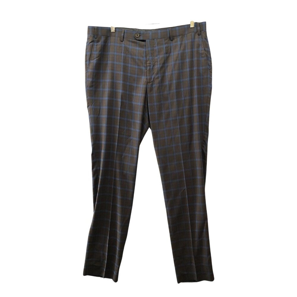 The Savile Row Plaid‎ Strand Dress Pants Mens 42x35 Brown Blue Straight Leg